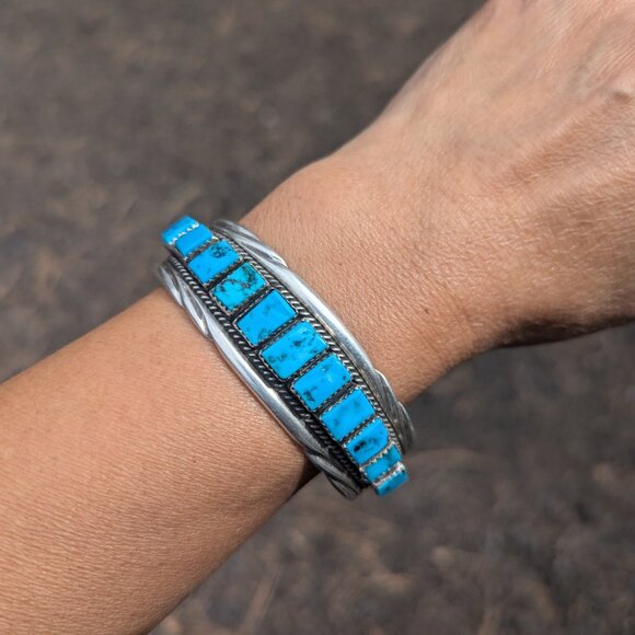 Vintage Navajo Bracelet Signed Native American Indian Jewelry Turquoise sz 6.75* - Picture 8 of 11